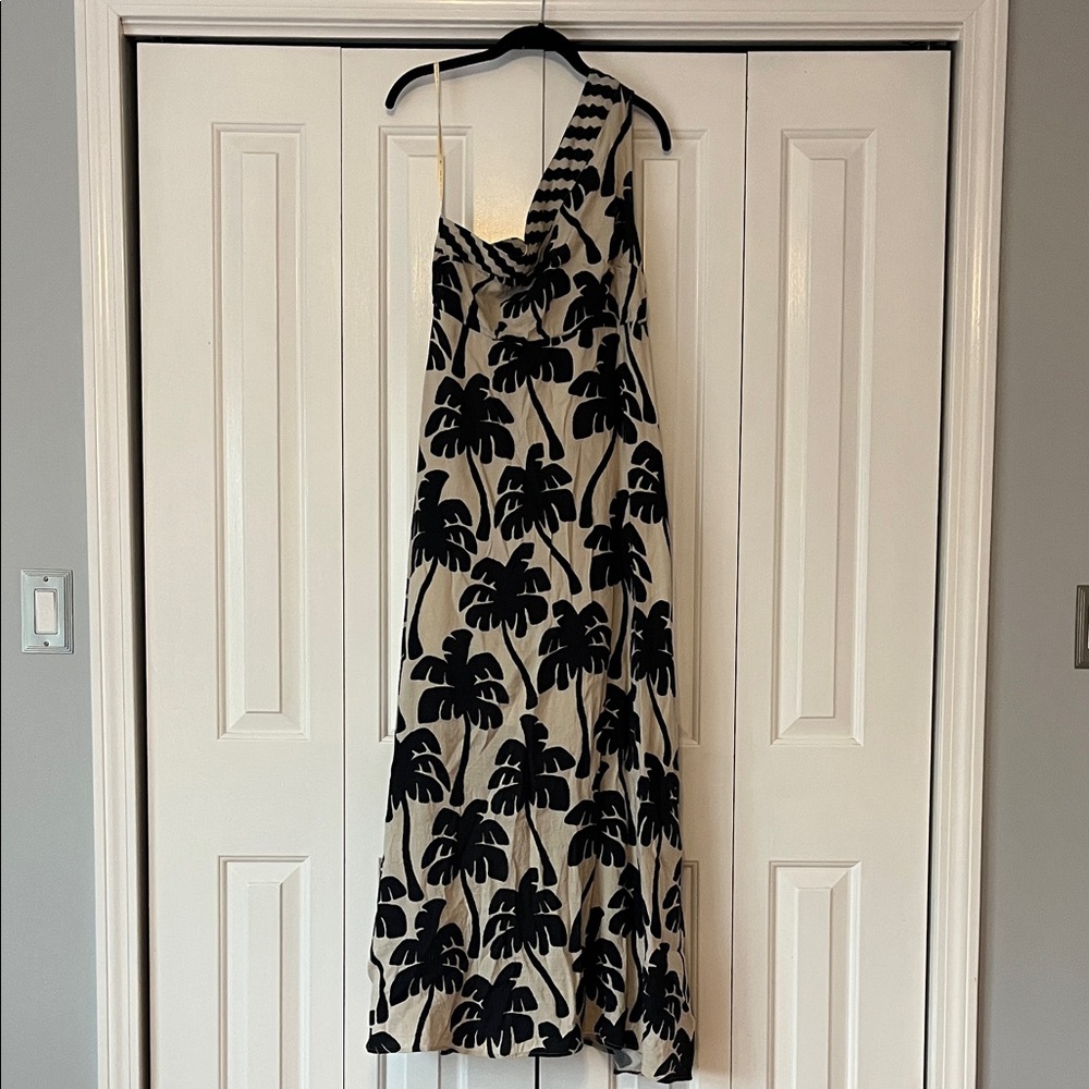 FARM Rio Black Palm-Print Beige One-Shoulder Maxi Dress